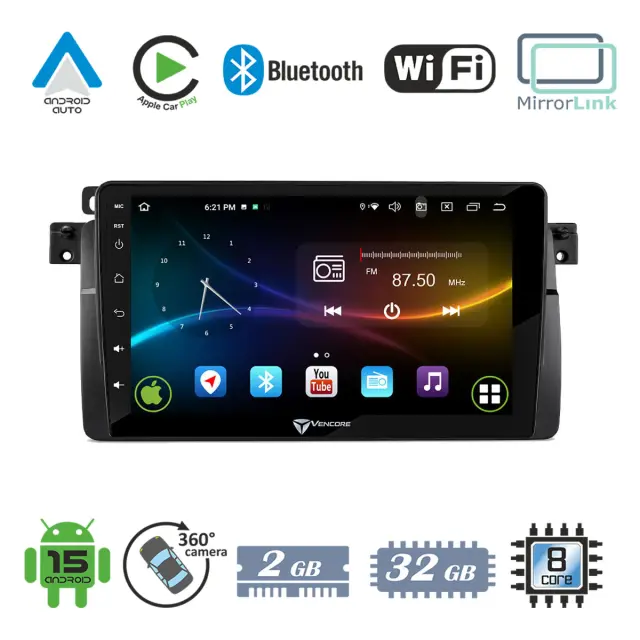 VenCore Οθόνη Multimedia Android 15 9" 9109A MTK6762 Octa-Core 2GB/32GB IPS με Πρόσοψη, CarPlay, Android Auto και Υποστήριξη Κάμερας Οπισθοπορείας AHD για BMW Series 3 E46 1998-2005 – Μαύρη (3236-10007-0603B)