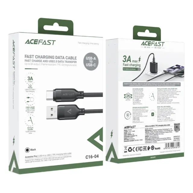 Καλώδιο Acefast C16-04 USB-A σε USB-C 3A USB2.0 με Ενισχυμένες Άκρες Μαύρο 1.2m 2