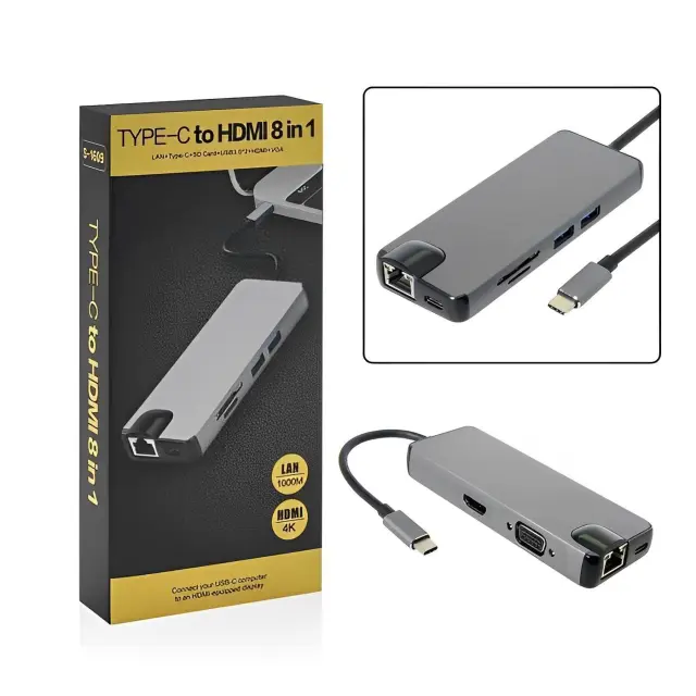 Μετατροπέας 8 σε 1 Τype C σε HDMI – VGA – 2 x USB 3.0 – Type C – Ethernet YWX – Type C 8 x 1