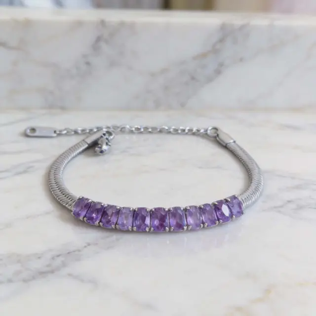 Purple Baguette Crystal Bracelet Silver Stainless Steel