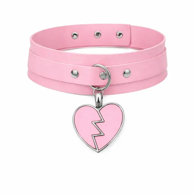Ghetto Punk Pink Leather Broken Heart Gothic Choker Colar