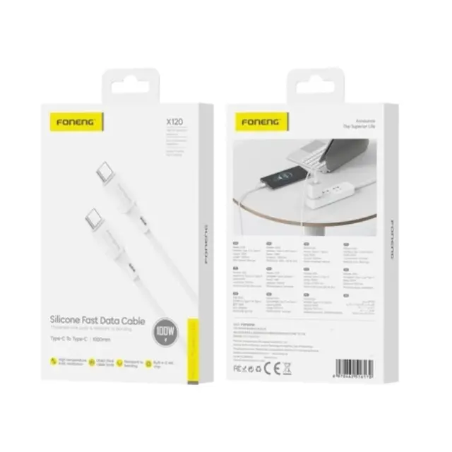 Καλώδιο Σύνδεσης USB 2.0 Foneng X120 Silicone USB C σε USB C 100W 1m Λευκό N68797
