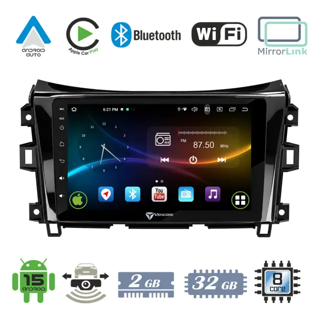 VenCore Οθόνη Multimedia Android 15 9" 9109A MTK6762 Octa-Core 2GB/32GB IPS με Πρόσοψη, CarPlay, Android Auto και Υποστήριξη Κάμερας Οπισθοπορείας AHD για Nissan Navara 2016-2022 – Μαύρη (3236-10007-0340B)
