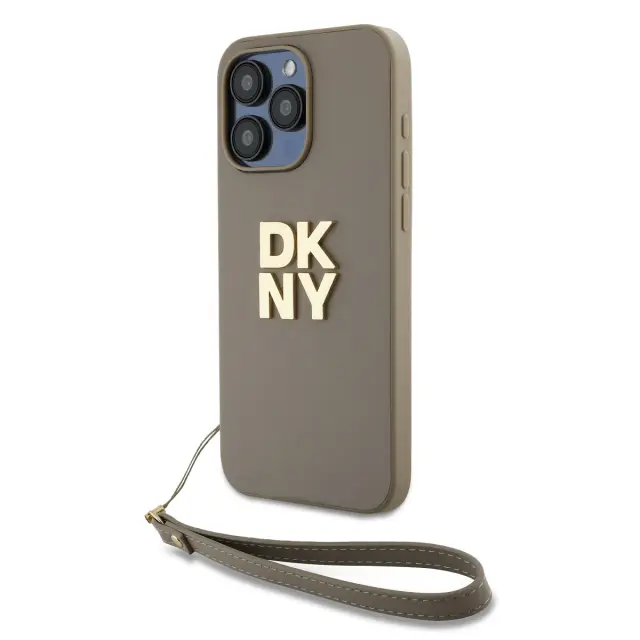 DKNY PU Leather Stack Logo Wrist Strap Case for iPhone 14 Pro Max Beige 2