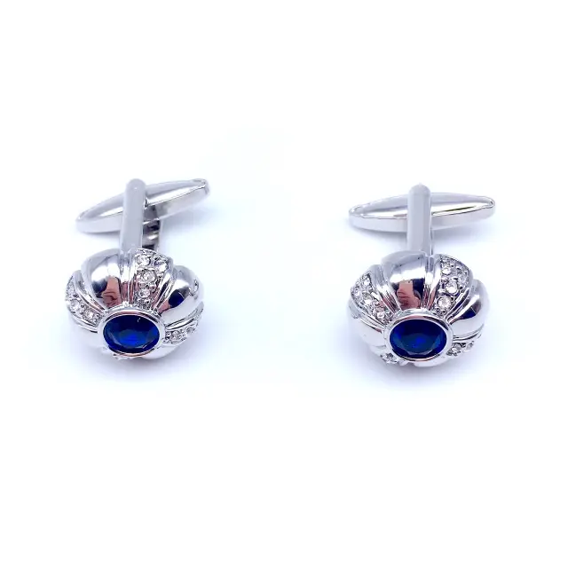 Ασημί Σχεδιαστικά Μανικετόκουμπα με Μπλε Zircon και Στρας – LGD-DK-04 2