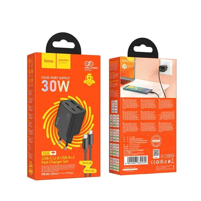 Hoco Φορτιστής με Θύρες USB-C, USB-A και Καλώδιο Type-C 30W Μαύρος N56 3
