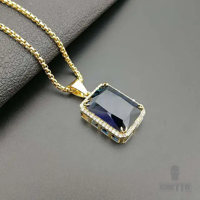 Ghetto Pendant Stainless Steel Gemstone Necklace Blue