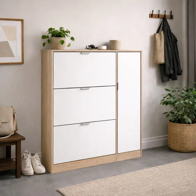 Παπουτσοθήκη με 3 ράφια & ντουλάπι Step Unihome 18 θέσεων σε φυσικό χρώμα ξύλου/Λευκό 98,7x24x121,8εκ 3