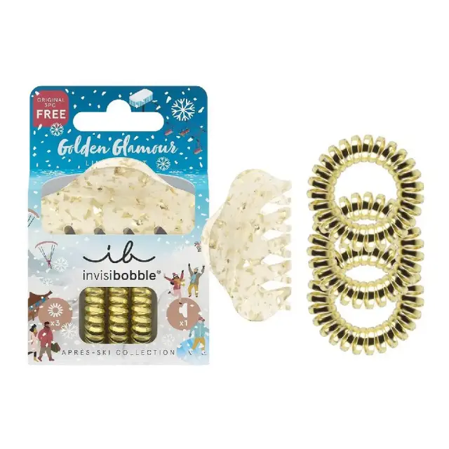 Invisibobble Set Apres-Ski 24K Gold Σετ Αξεσουάρ Μαλλιών με Κλάμερ, 1τεμ & Λαστιχάκια Μαλλιών, 3τεμ, 1σετ