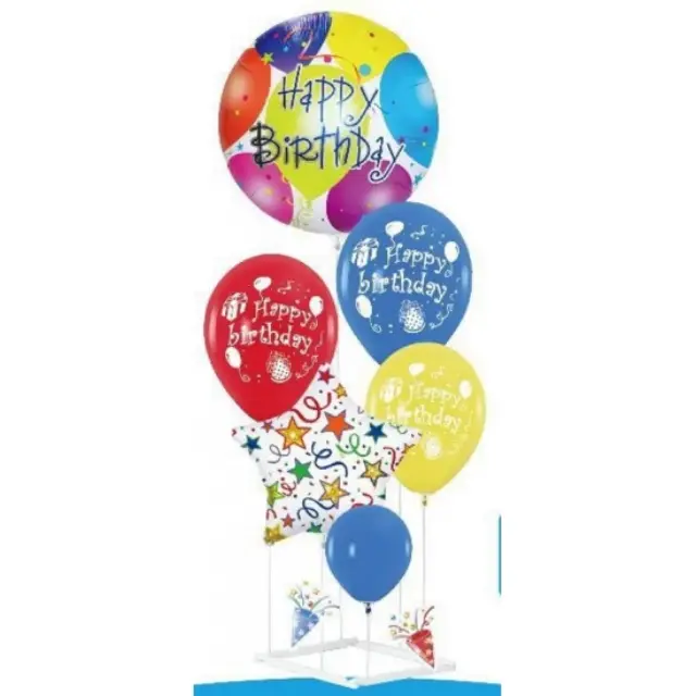 Σύνθεση 6τμχ μπαλόνια Happy Birthday με βάση στήριξης