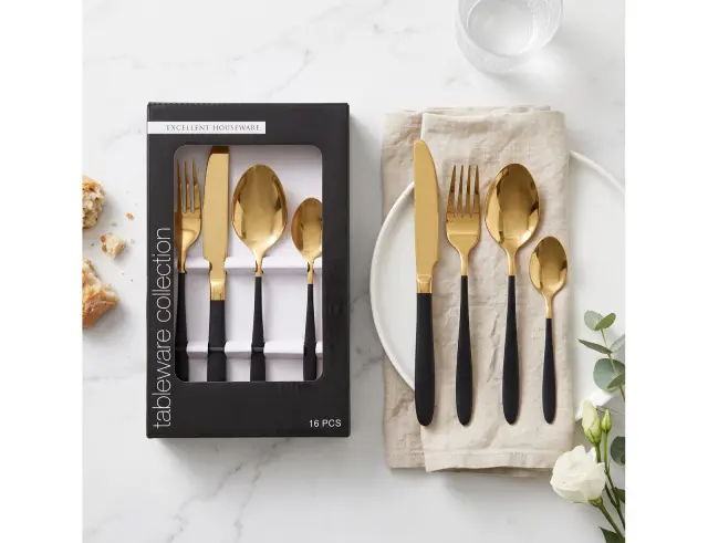 Σετ Μαχαιροπίρουνα Excellent Houseware ανοξείδωτα Χρυσά με μαύρη λαβή - 16τμχ CC4100740