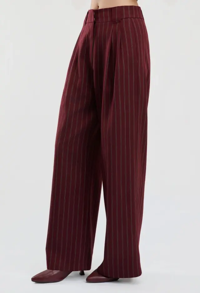 DESIREE Ριγέ Wide Leg Παντελόνι με Πιέτες Μπορντό 3