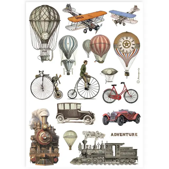 Ριζόχαρτο ντεκουπάζ Stamperia 21x29cm A4, Train and Hot Air Ballons