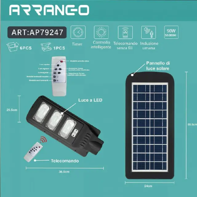 Arrango Στεγανό Ηλιακό Φωτιστικό Δρόμου IP65 με Ανιχνευτή Κίνησης και Τηλεχειριστήριο σε Μαύρο Χρώμα AP79247 2