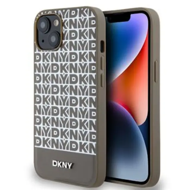DKNY PU Leather Repeat Pattern Bottom Stripe MagSafe Case for iPhone 15 Brown