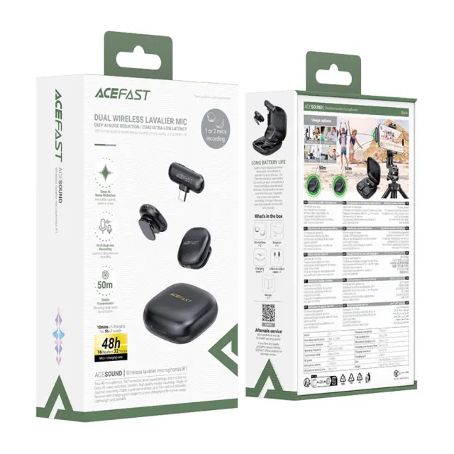 Σετ 2 Μικρόφωνα Πέτου Lavalier Acefast R1 HD AI Μείωση Θορύβου, Ακτίνα 50m και 48hr Διάρκεια Μπαταρίας με USB-C Transmitter και Θήκη Φόρτισης Μαύρο 2
