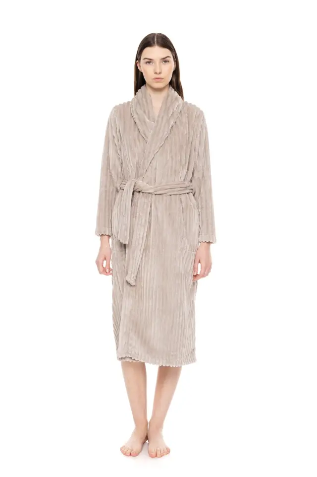 W1673 - Dusty Pink - ROBE LONG FLEECE STRIPE