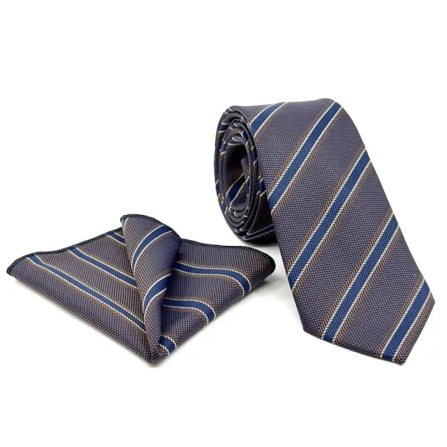Navy - Μπλε Ριγέ Γραβάτα Microfiber Σετ με Μαντήλι 7,5 cm Modern Fit Σχέδιο 365