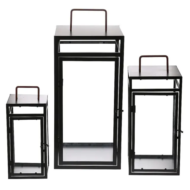 Φανάρια Τετράγωνα Μαύρο 15x15x35cm/20x20x46cm/27x27x63cm Σετ 3Τμχ
