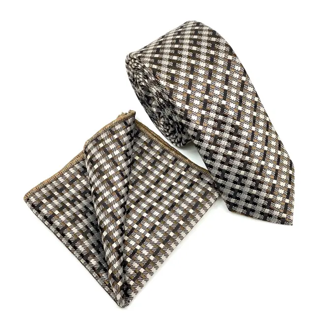 Γραβάτα Microfiber σε Μπεζ Μοτίβο Σετ με Μαντηλάκι