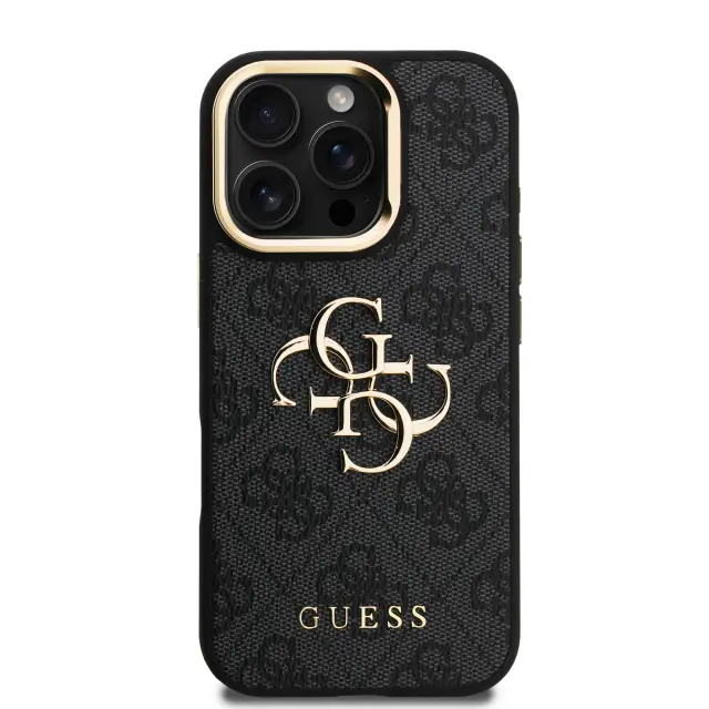 Guess PU 4G Metal Logo Stand Camera Frame Case for iPhone 16 Pro Black 3
