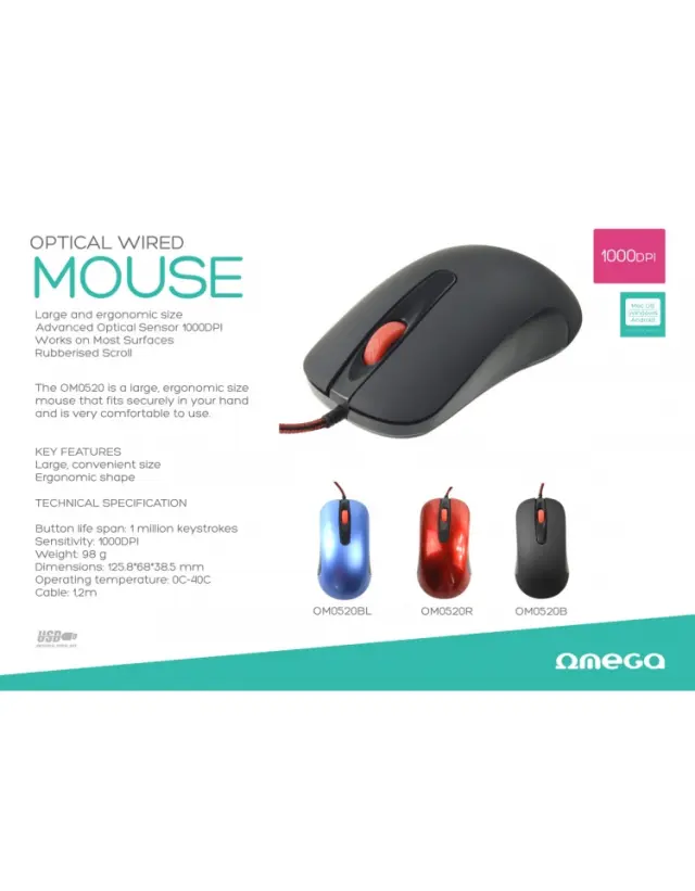 MOUSE OMEGA OM-520 FULL SIZE 1000DPI BLACK