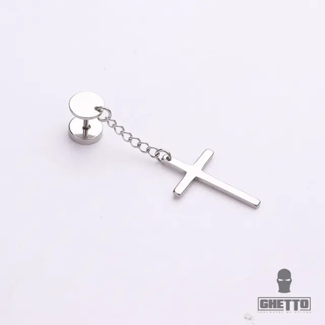 Ghetto Punk Cool SS Chain Cross Drop Earrings 1pcs Silver