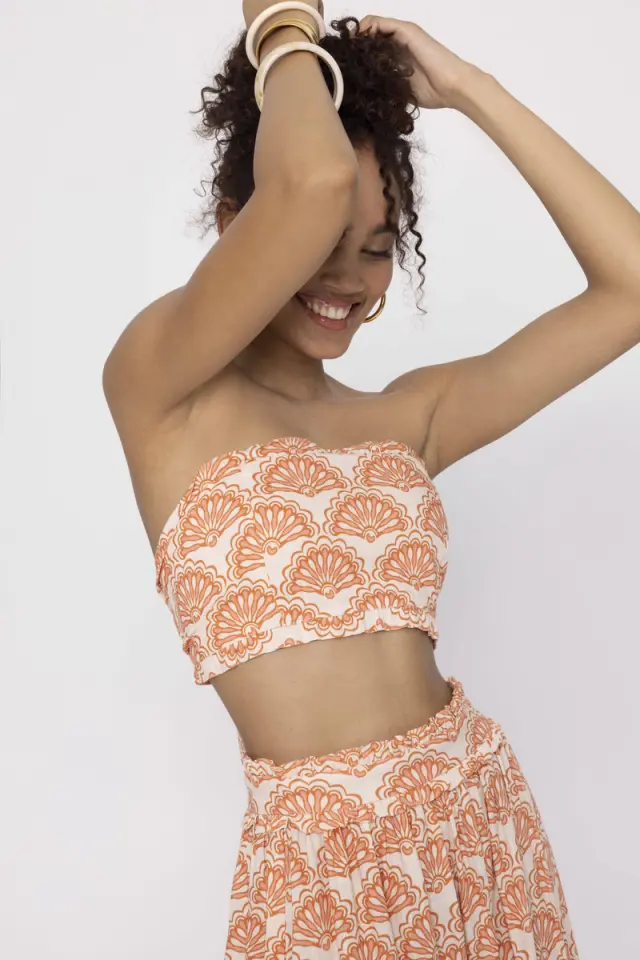 Strapless Τοπ από Τυπωμένο Λινό με Βολάν και Δέσιμο στην Πλάτη SUKI - XS 2