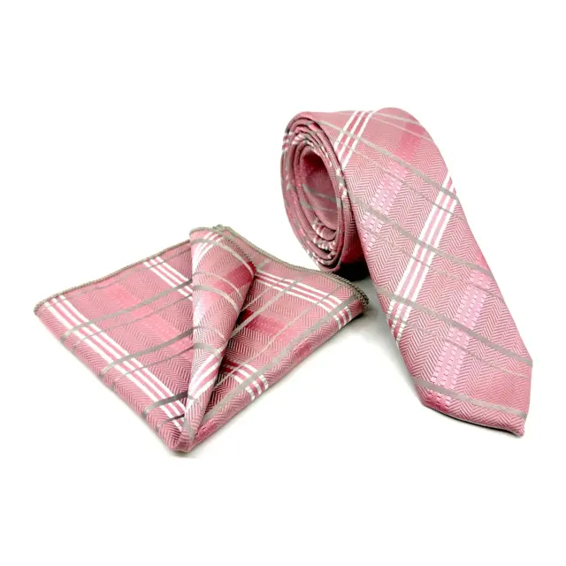 Ροζ Γραβάτα Καρό Microfiber Σετ με Μαντήλι 6,5 cm