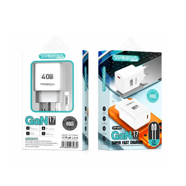 Treqa Φορτιστής GaN 40W USB-C Power Delivery με Καλώδιο Type-C CH-663- GaN 40W USB-C Power Delivery Charger with Type-C Cable 017240