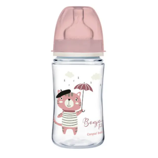 Πλατύ Μπουκάλι Κατά των Κολικών 240ml +3m Bonjour Canpol Pink 35/232