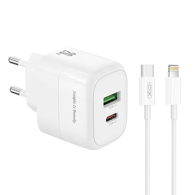 Universal φορτιστής με 2 εξόδους 1xUSB-A & 1xUSB-C και αποσπώμενο καλώδιο Lightning, PD20 & QC18W σε λευκό χρώμα