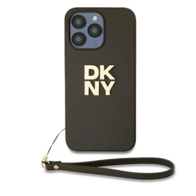 DKNY PU Leather Stack Logo Wrist Strap Case for iPhone 15 Pro Brown