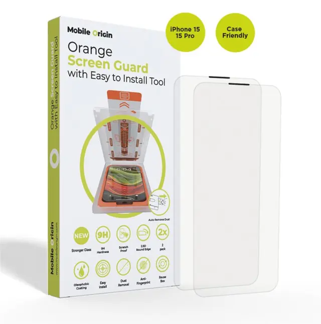 Mobile Origin Orange Screen Guard iPhone 15 Pro/15 with easy applicator, 2 pack