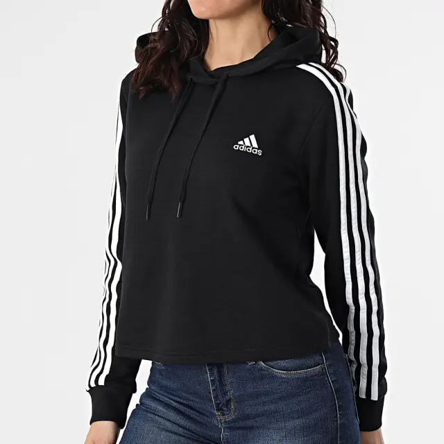 Adidas Essentials 3-Stripes Cropped Γυναικείο Φούτερ με Κουκούλα GM5582 Μαύρο - L