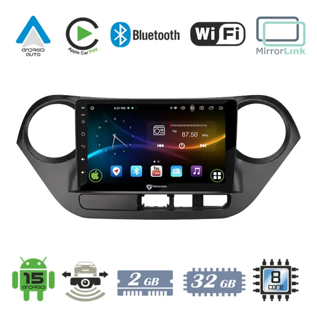 VenCore Οθόνη Multimedia Android 15 9" 9109A MTK6762 Octa-Core 2GB/32GB IPS με Πρόσοψη, CarPlay, Android Auto και Υποστήριξη Κάμερας Οπισθοπορείας AHD για Hyundai i10 2014-2020 – Μαύρη (3236-10007-0506B)