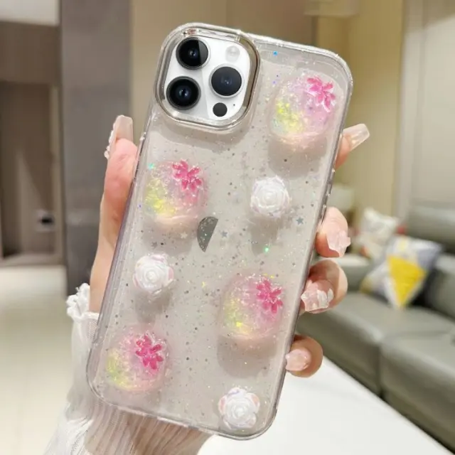 Glitter Θήκη με 3D Λουλούδια για iPhone 14 Pro Max-Pink Strawberry OEM