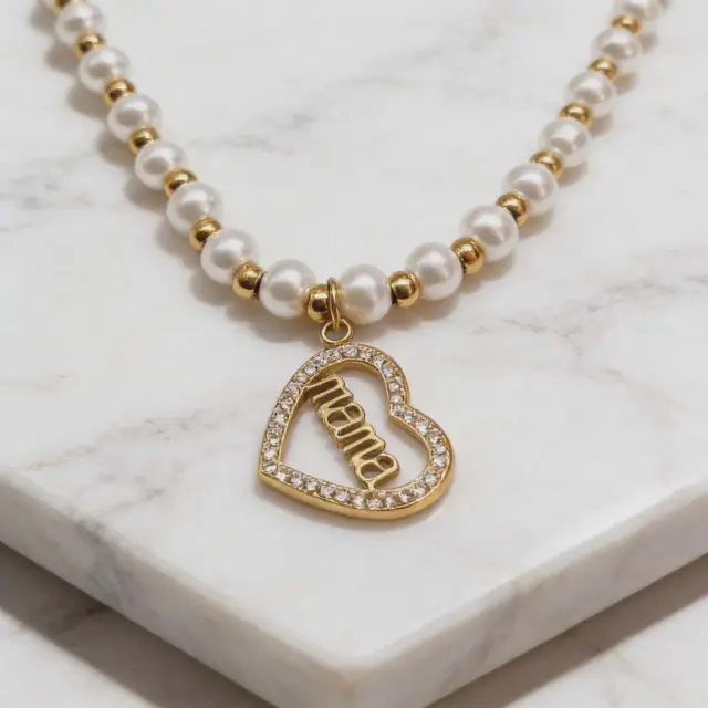 Mama Heart Pendant Necklace with Crystals – Silver 2