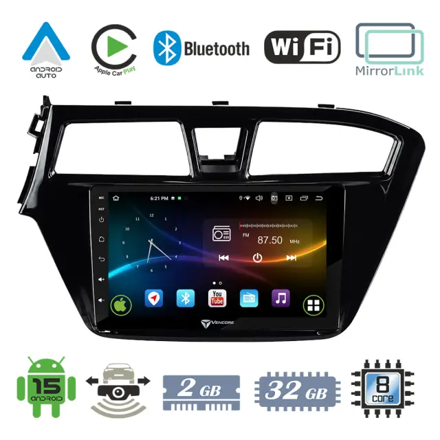 VenCore Οθόνη Multimedia Android 15 9" 9109A MTK6762 Octa-Core 2GB/32GB IPS με Πρόσοψη, CarPlay, Android Auto και Υποστήριξη Κάμερας Οπισθοπορείας AHD για Hyundai i20 2014-2018 – Μαύρη (3236-10007-0508B)