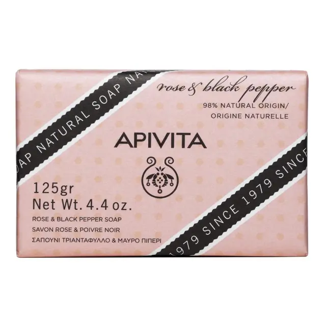 Apivita Natural Soap with Rose & Βlack Pepper Σαπούνι με Τριαντάφυλλο και Μαύρο Πιπέρι για Σύσφιξη και Καταπολέμηση της Κυτταρίτιδας, 125gr