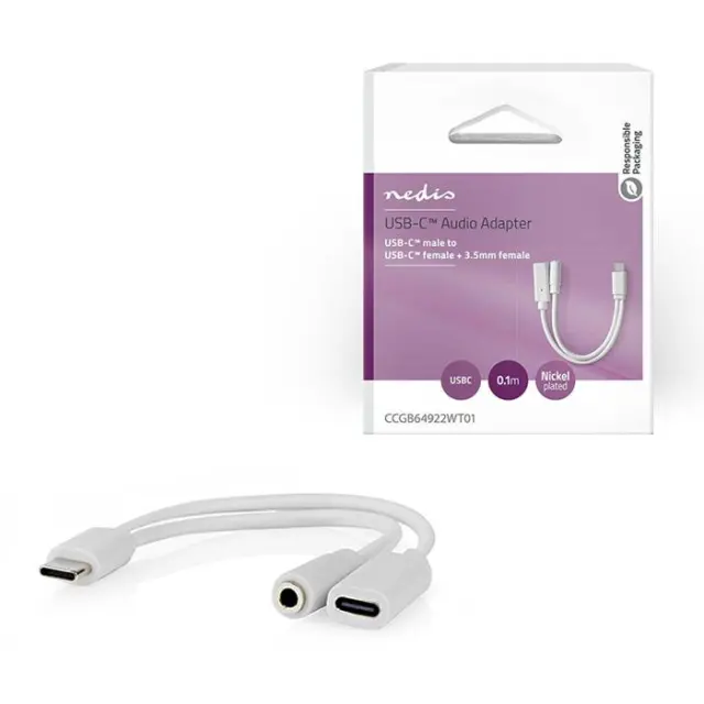 Καλώδιο-αντάπτορας USB High-Speed Type-C αρσ. - USB Type-C θηλ. / 3.5mm θηλ., 0.10m, σε λευκό χρώμα.