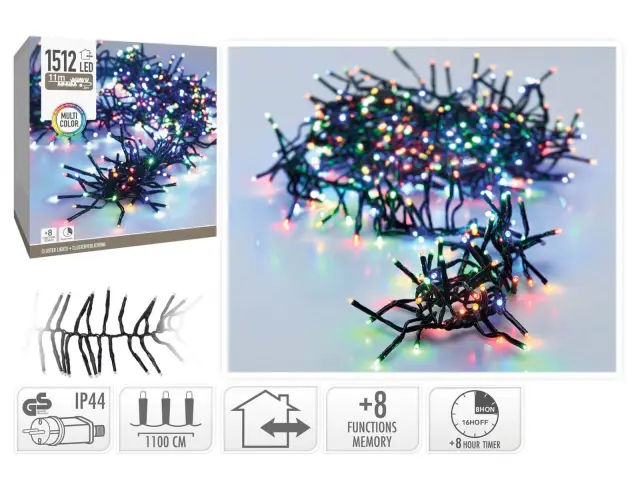 1512 Φωτάκια LED - 11 Μέτρα + 3 Μέτρα σύνδεσης, Κανονική Διάταξη, με χειριστήριο, 8 προγράμματα, Μαύρο καλώδιο PVC - Πολύχρωμο AX8550250