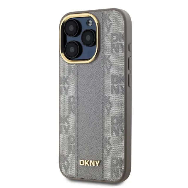 DKNY PU Leather Checkered Pattern Magsafe Case for iPhone 15 Pro Beige 3
