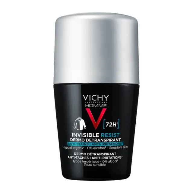VICHY Homme Invisible Anti-Stain - Anti Irritation Roll-On Αποσμητικό Κατά των Σημαδιών και της Έντονης Εφίδρωσης 50ml
