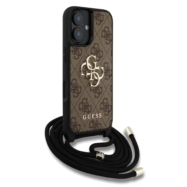 Guess PU 4G Metal Logo Crossbody Strap Case for iPhone 16 Brown 3