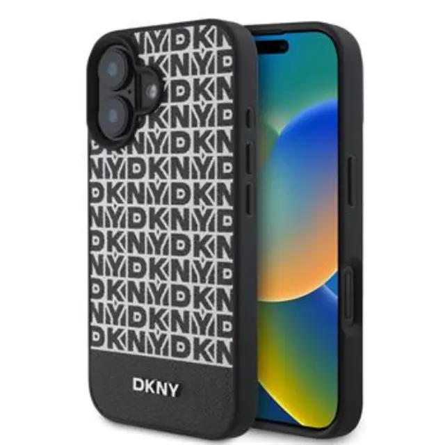 DKNY PU Leather Repeat Pattern Bottom Stripe MagSafe Case for iPhone 16 Plus Black