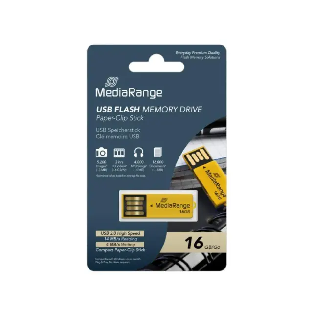 MediaRange USB 2.0 Nano Flash Drive Paper-clip stick 16GB (Yellow) (MR976) MR SSD & USB FLASH DRIVES & MEMORY CARDS