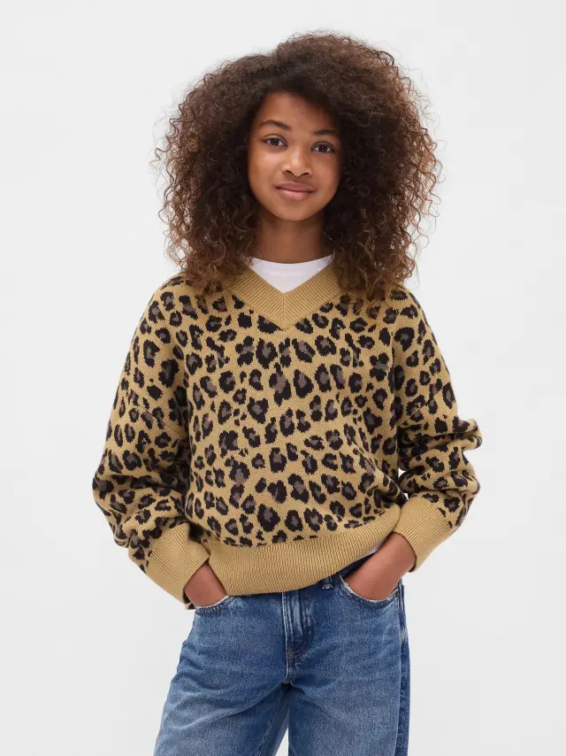 Παιδικό Boxy V-Neck Πουλόβερ Cheetah brown