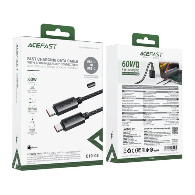 Καλώδιο Acefast C19-03 Μεταλλικό USB-C σε USB-C 60W 3.0A Γρήγορη Φόρτιση USB2.0 με Ένδειξη Φόρτισης Braided Μαύρο 1.2m 2