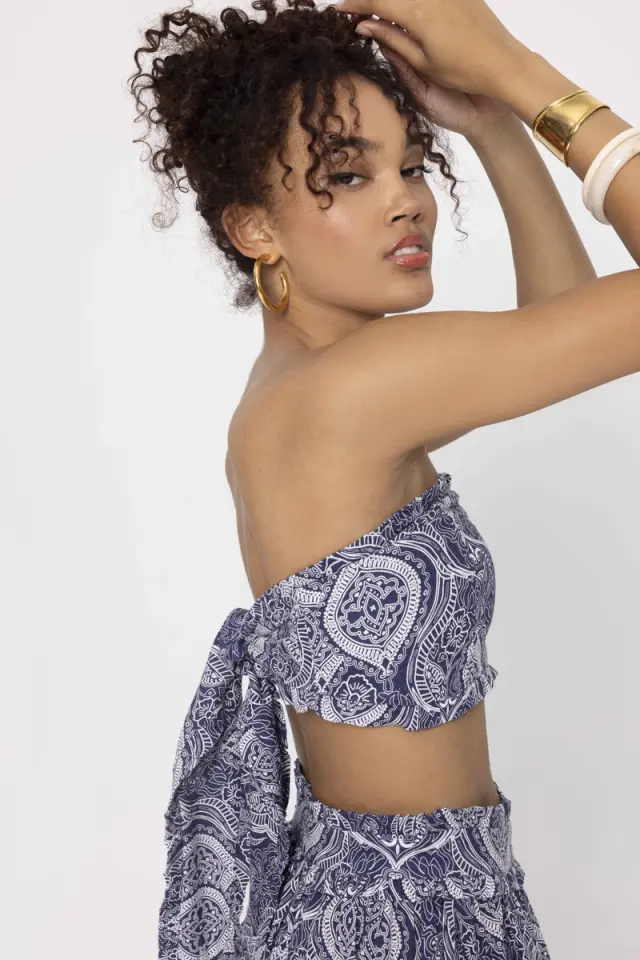Strapless Τοπ από Τυπωμένο Λινό με Βολάν και Δέσιμο στην Πλάτη SUKI - XL 3